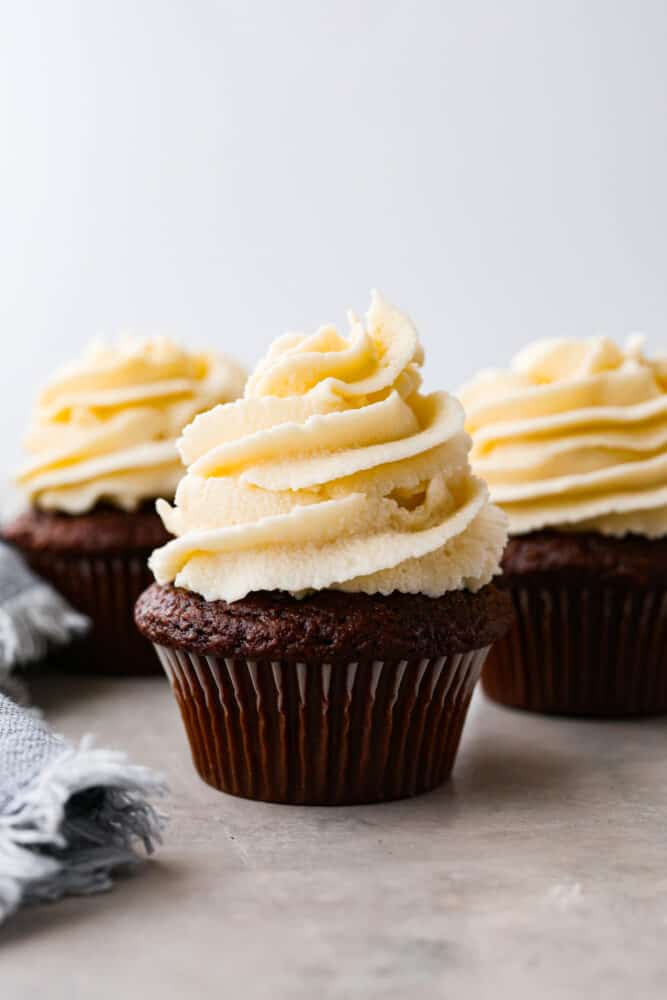 Ermine frosting on top of a cupcake.