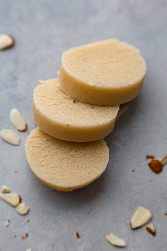 Sliced marzipan on a table.