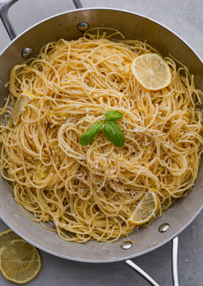 Pasta al limone in the pan.