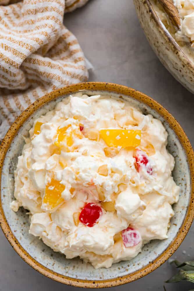 A close up of pineapple fluff in a bowl.