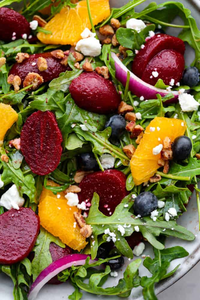 Closeup of roasted beet salad.