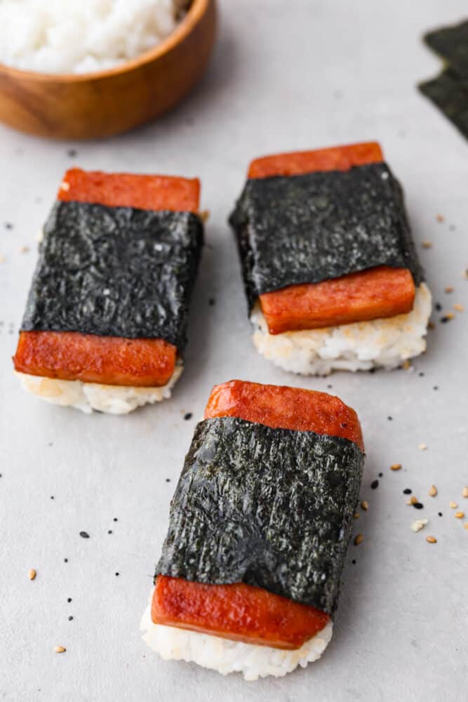 Top-down view of 3 spam musubi.