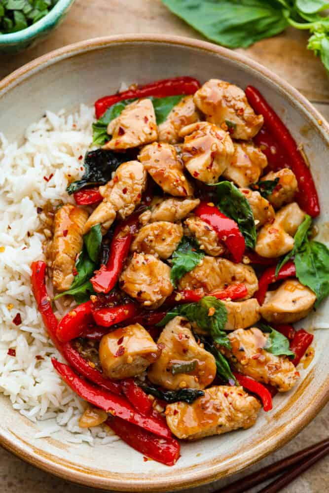 A close up of Thai basil chicken.