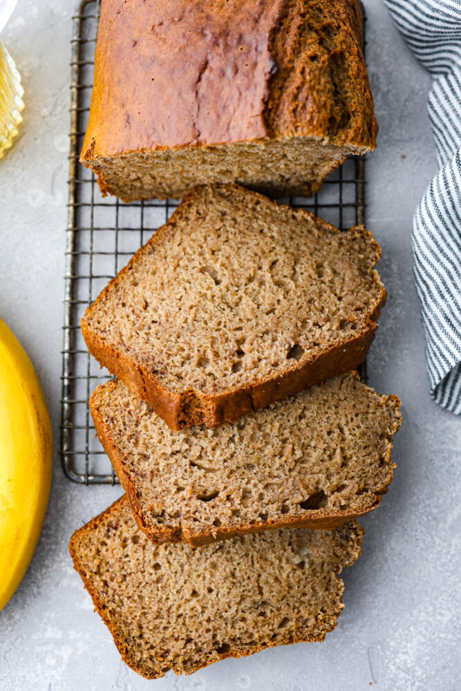 Banana beer bread cut into 3 slices.