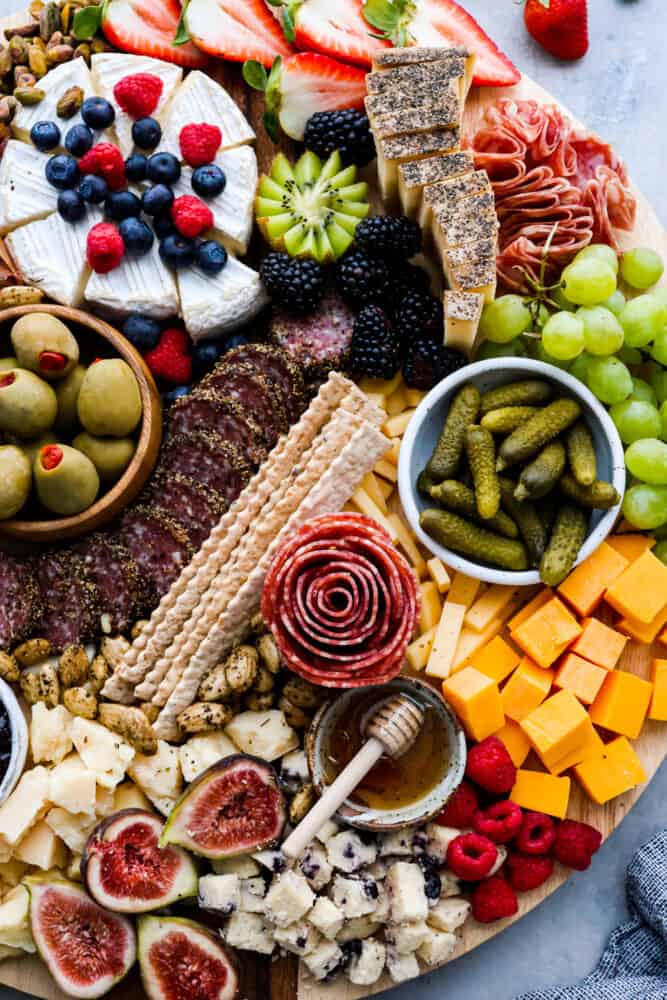 Top-down view of a charcuterie board.