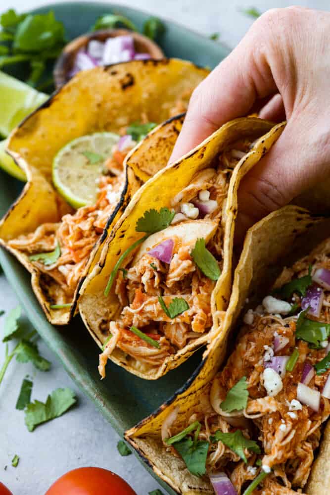 Closeup of a taco being picked up.