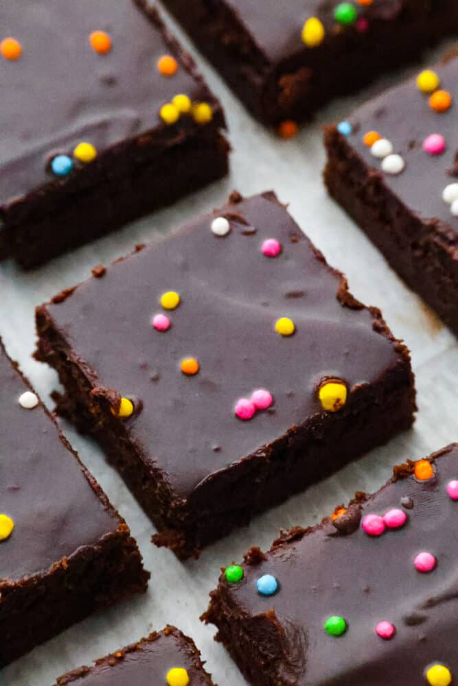 Closeup of Cosmic Brownies, cut into squares.