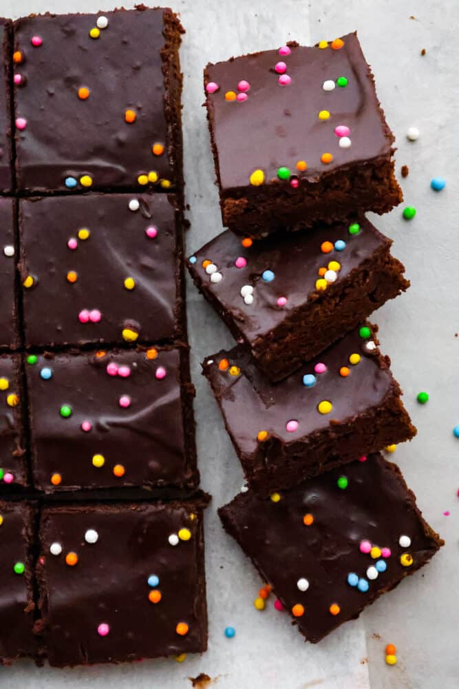 Top-down view of Cosmic Brownies that have been cut into squares.