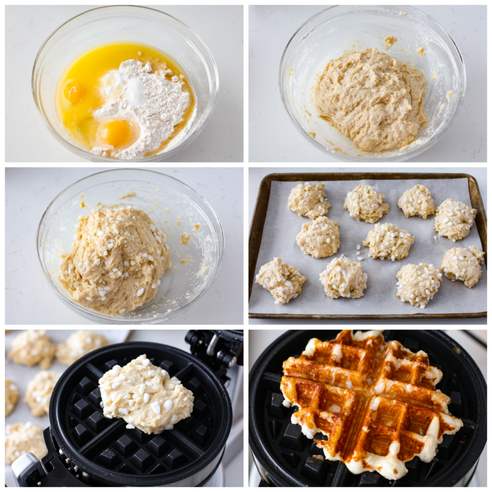 Process photos showing how to prepare the dough and cook them in the iron.