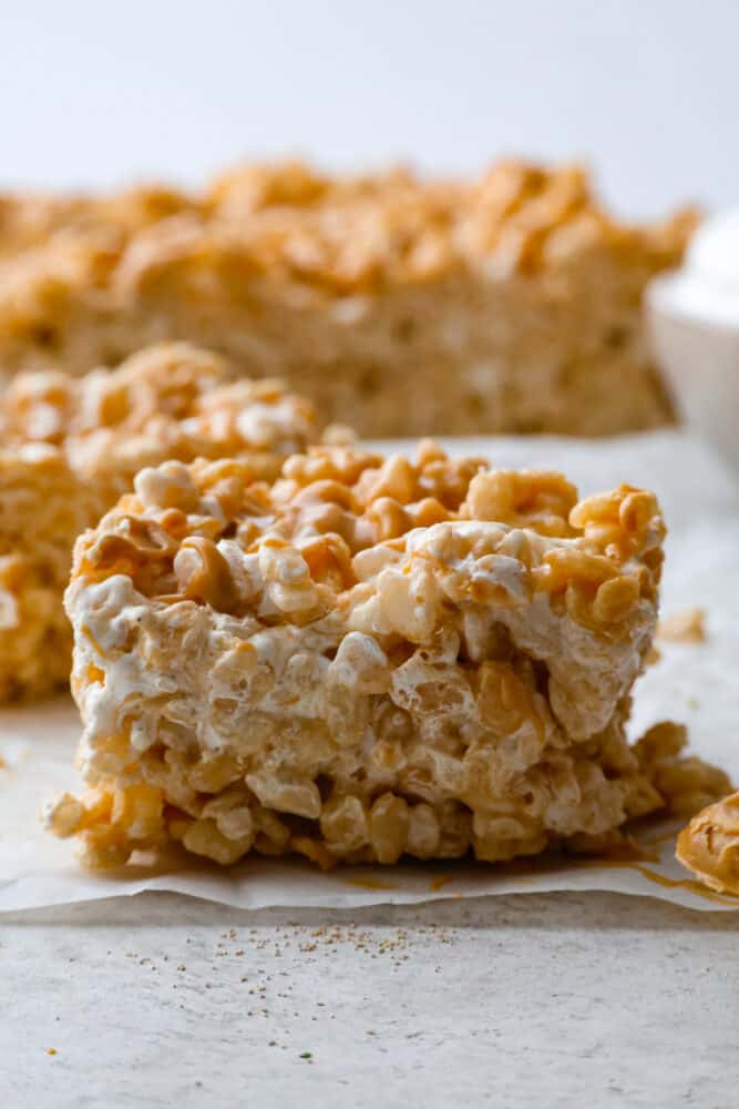 Closeup of a peanut butter rice krispie treat.