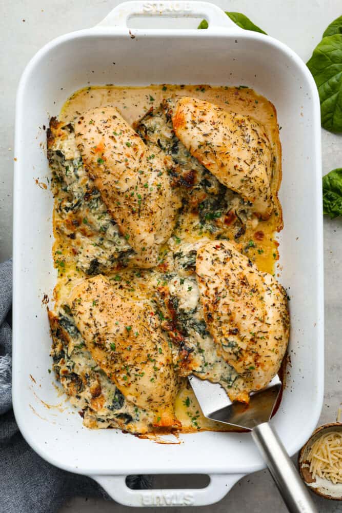 An overhead view of the chicken breasts in a pan.