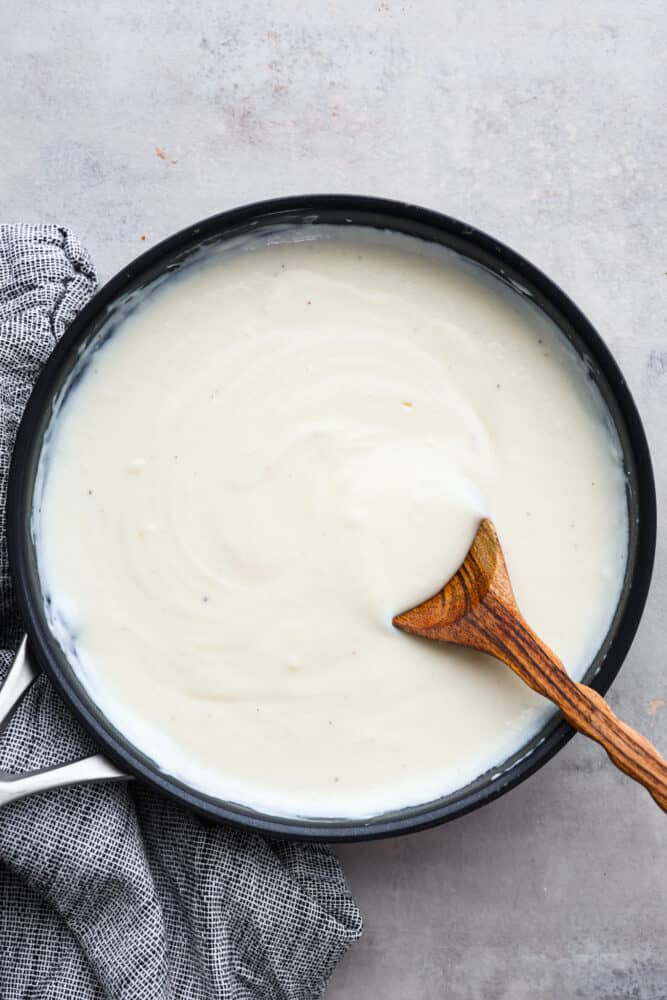 Top-down view of bechamel sauce.