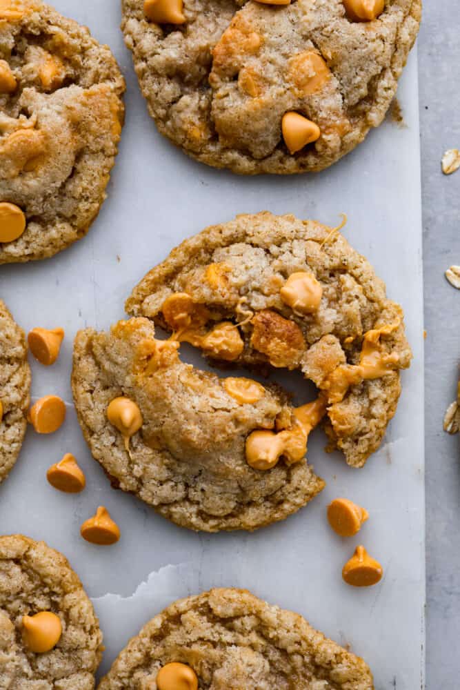 Closeup of a cookie broken in half.