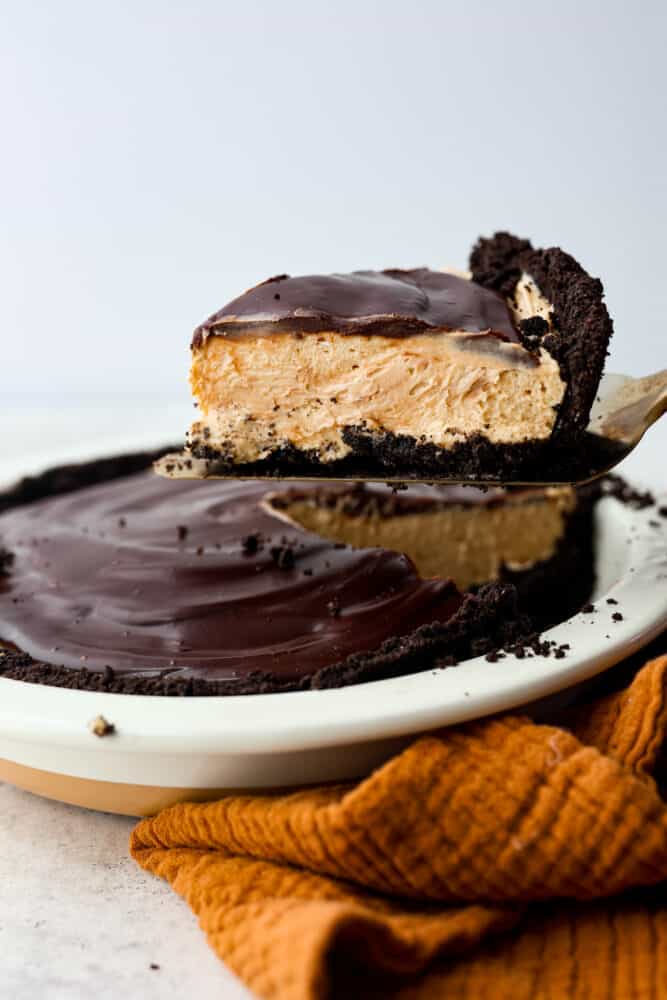 A slice of pie being served with a cake spatula.