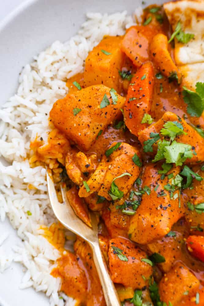 Closeup of curry garnished with cilantro.