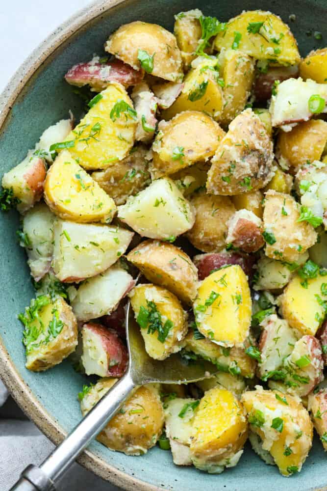 Closeup of French potato salad.