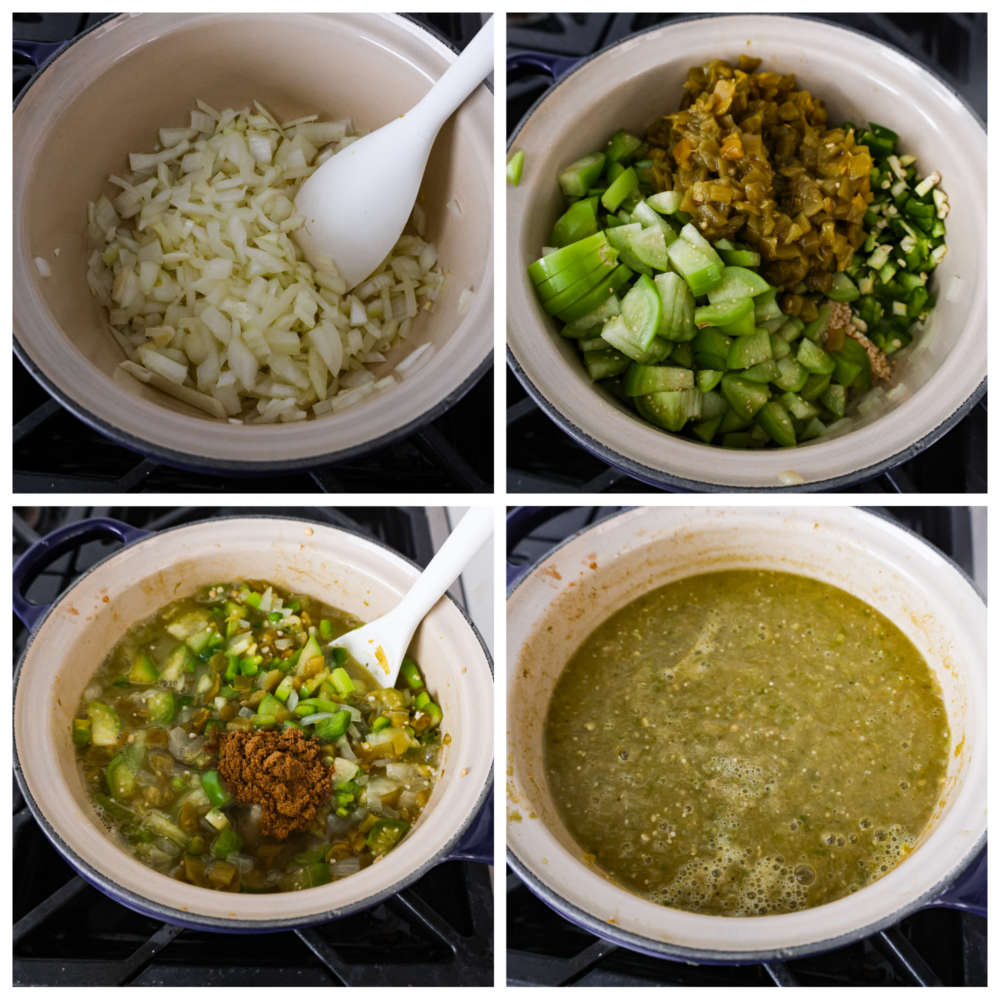 A collage of 4 pictures showing how to add the ingredients to the pot and cook them. 