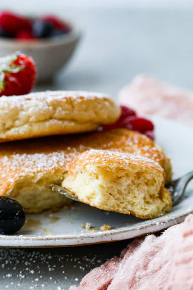 Closeup of a bite of Japanese soufflé pancakes.