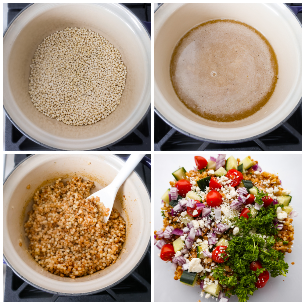 4-photo collage of salad being prepared.