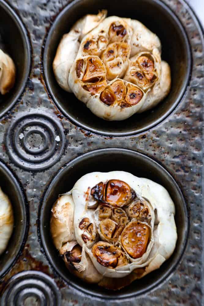 Closeup of roasted garlic.