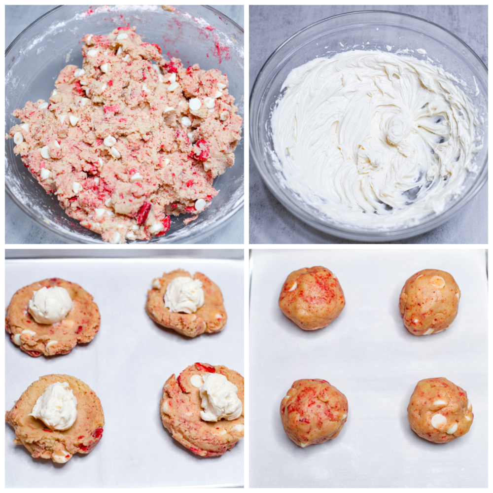 4-photo collage of cookie dough and cheesecake filling being prepared, and cookies assembled.