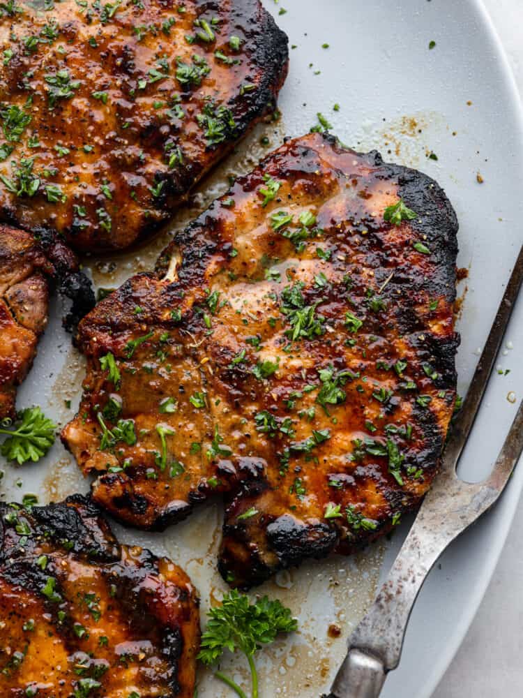 Closeup of grilled pork chops.