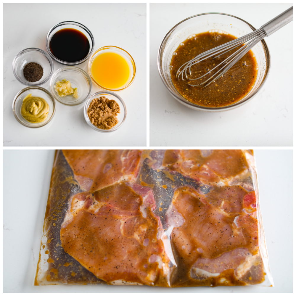 3-photo collage of pork chop marinade ingredients being mixed together.