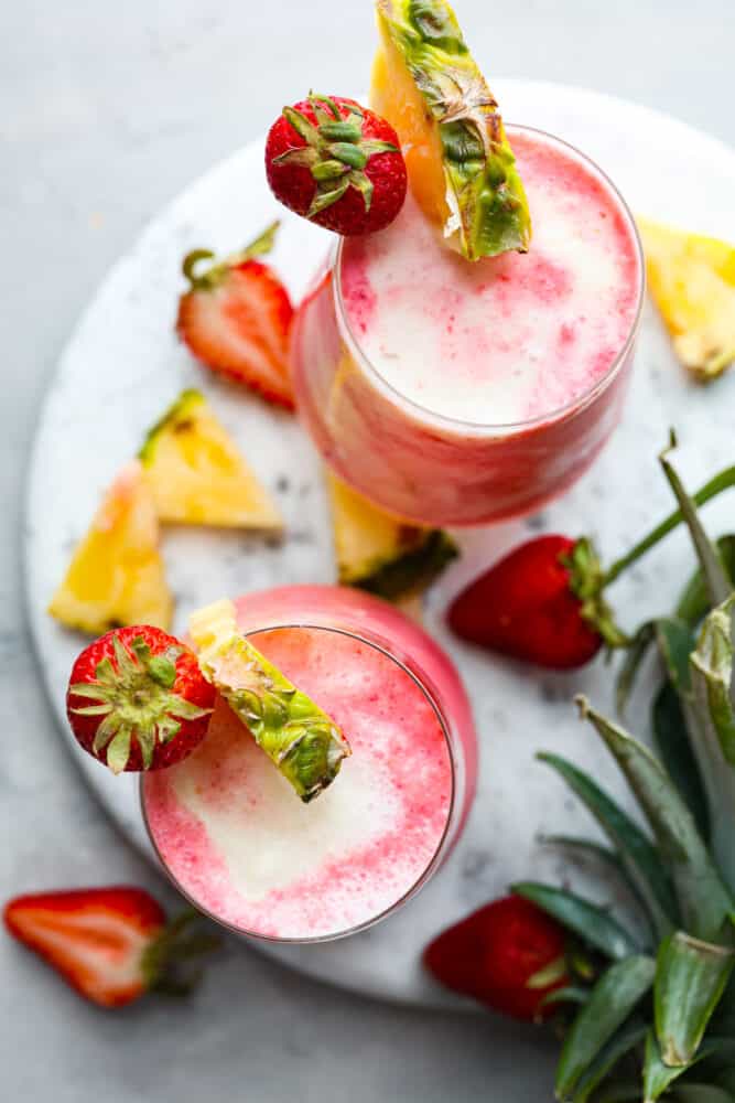 Top-down view of 2 lava flow cocktails.