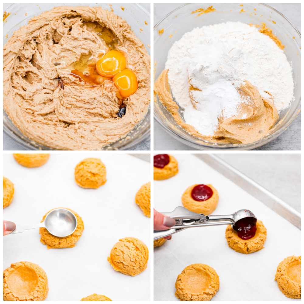 4-photo collage of cookie dough and filling being prepared.