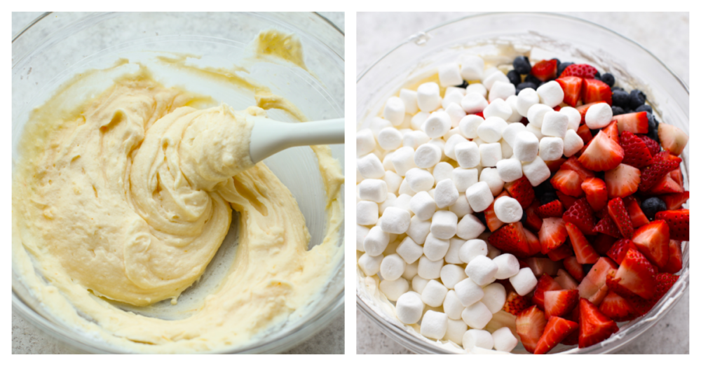 2-photo collage of fruit salad ingredients being mixed together.