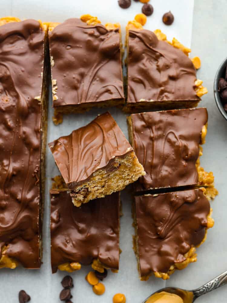 The top view of Special K bars on some parchment paper. 