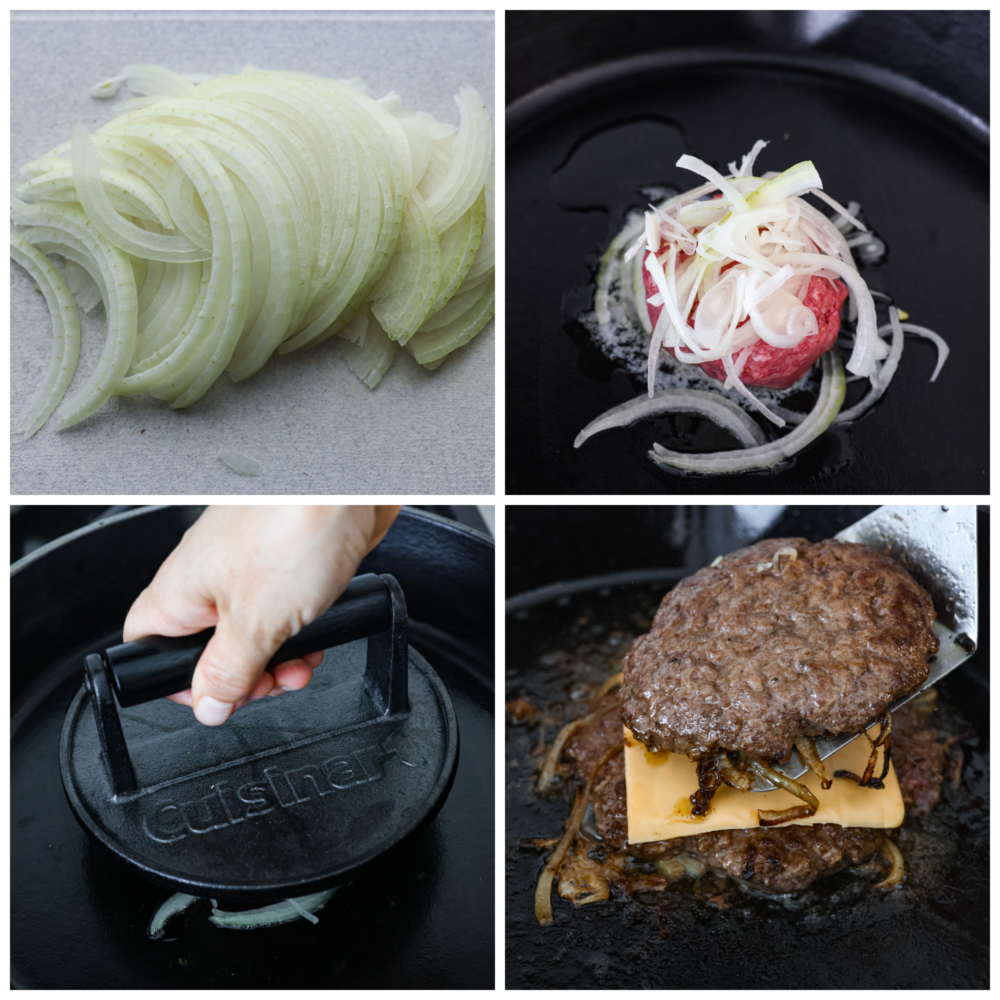 4-photo collage of the burgers being prepared and cooked.