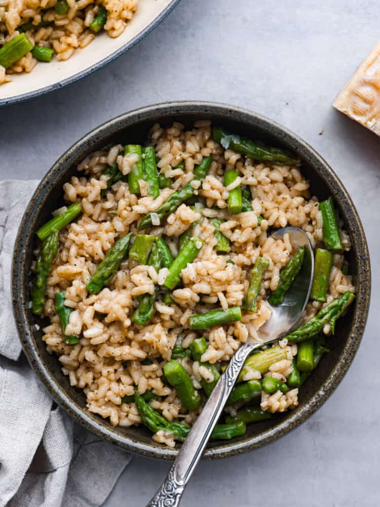 Rice served in a small, stoneware serving bowl.