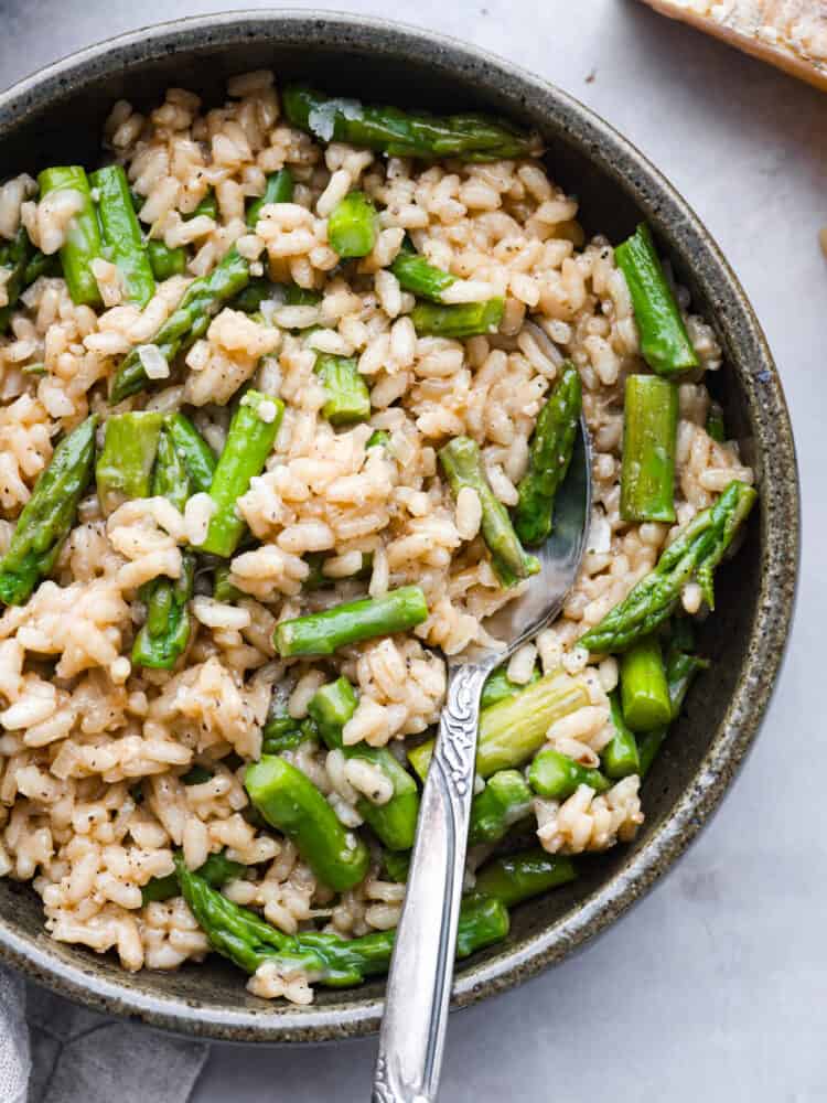 Closeup image of asparagus risotto.