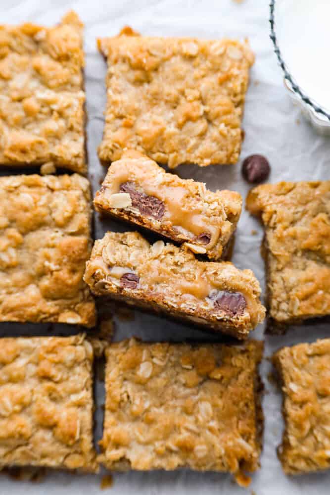 a zoomed in shot of Carmelitas on a pan with parchment paper. 