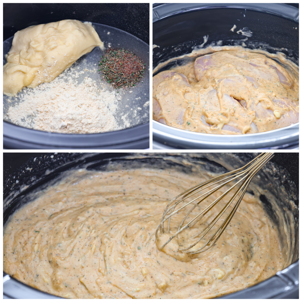 3 pictures showing how to make the sauce and add it to the crockpot. 