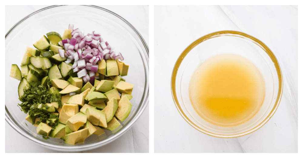 2-photo collage of vegetables and dressing being prepared.