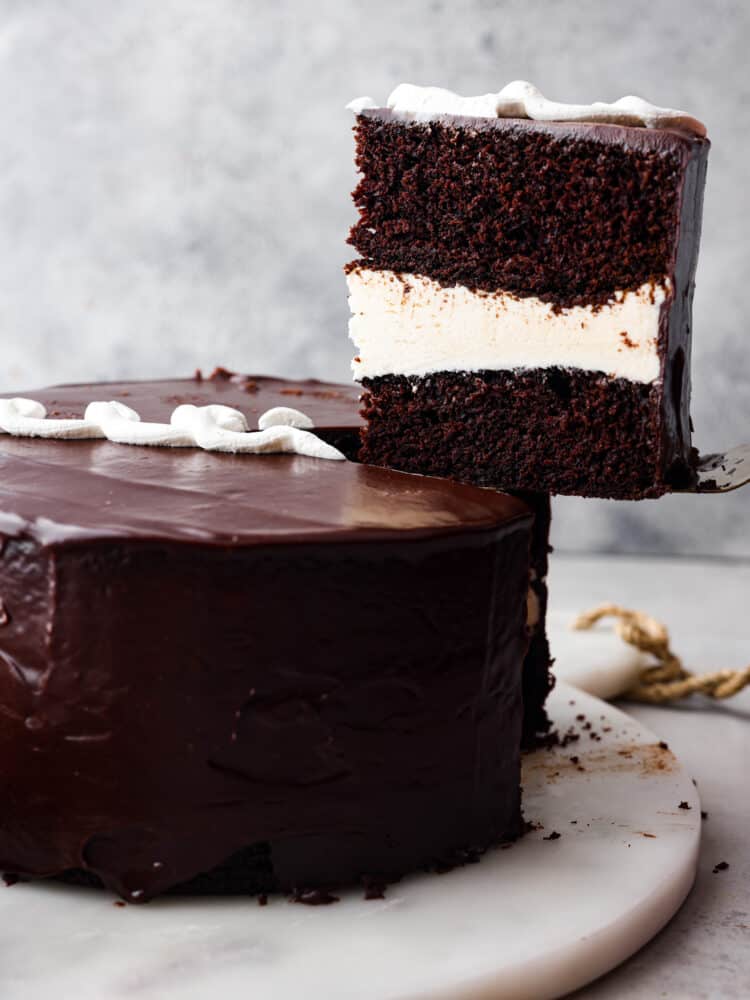 A slice of Ding Dong cake being served.