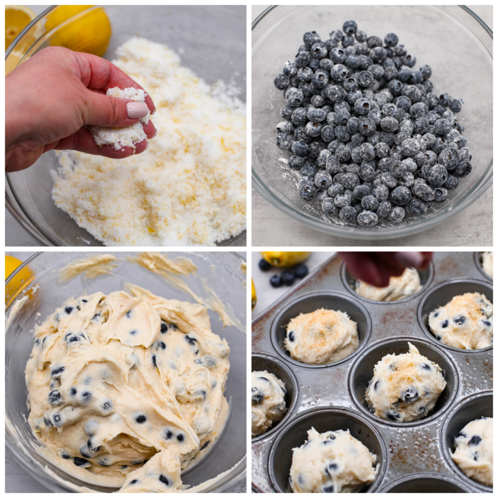 4-photo collage of the batter being prepared and added to a muffin pan.