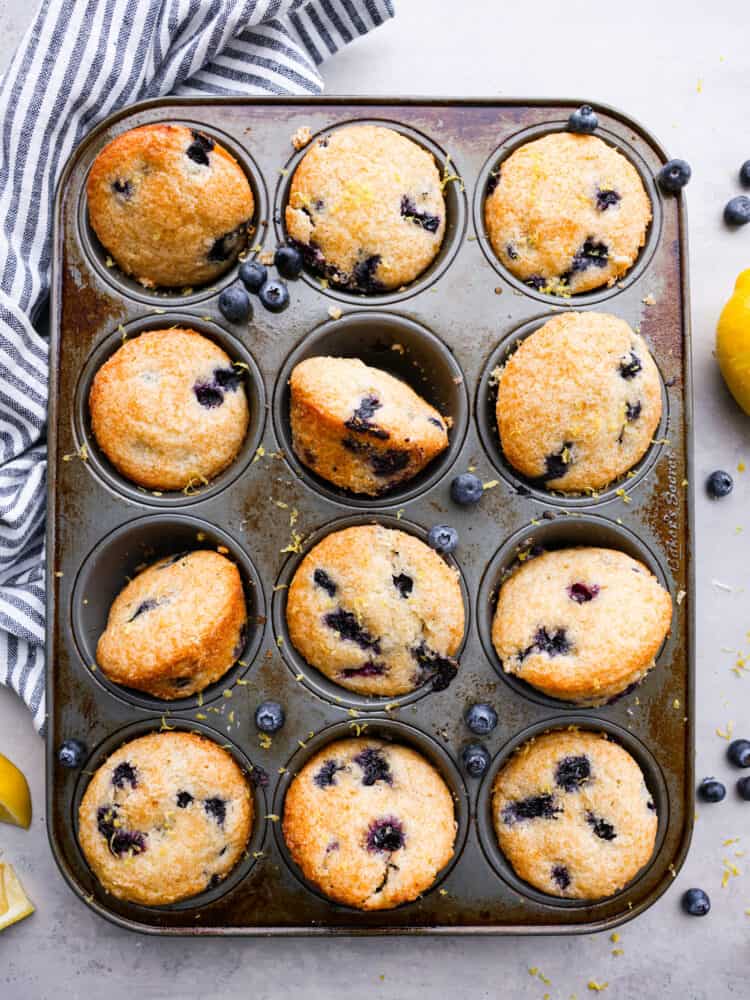 Top-down view of lemon blueberry muffins still in the pan.