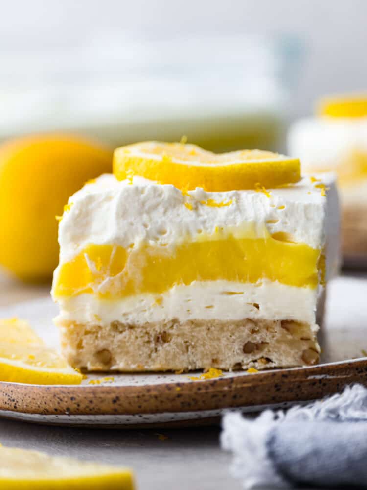 Closeup of a slice of lemon lush.