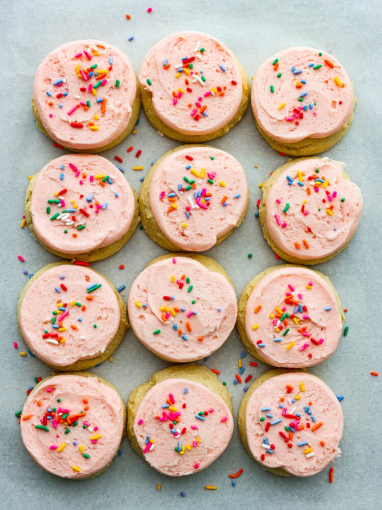 The top view of 12 loft house sugar cookies ready to eat. 