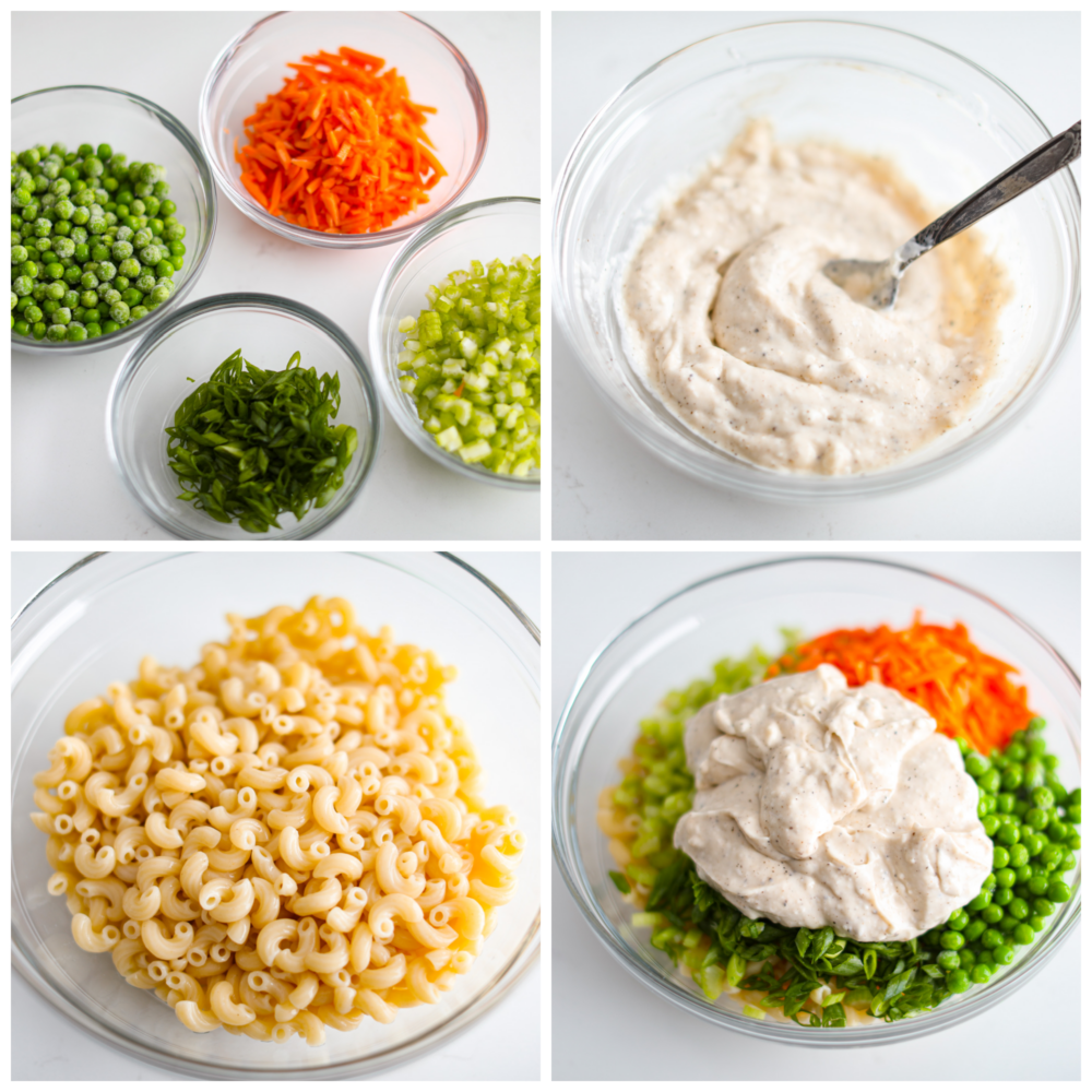 4-photo collage of the veggies, noodles, and dressing being added to a bowl.