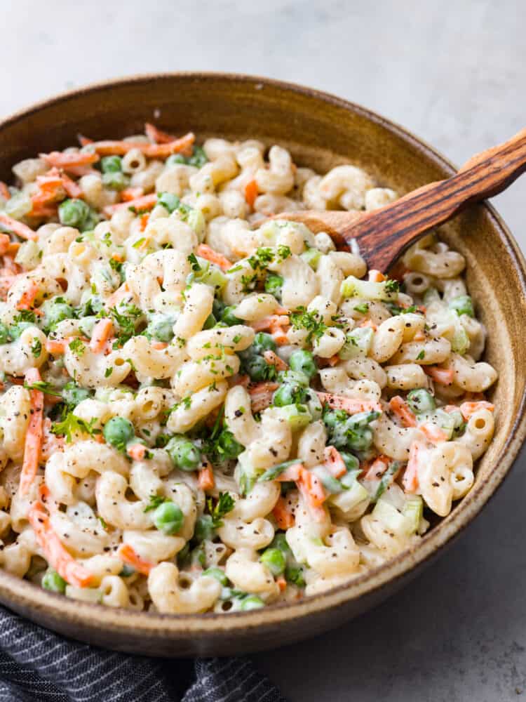 Pasta salad in a serving bowl.