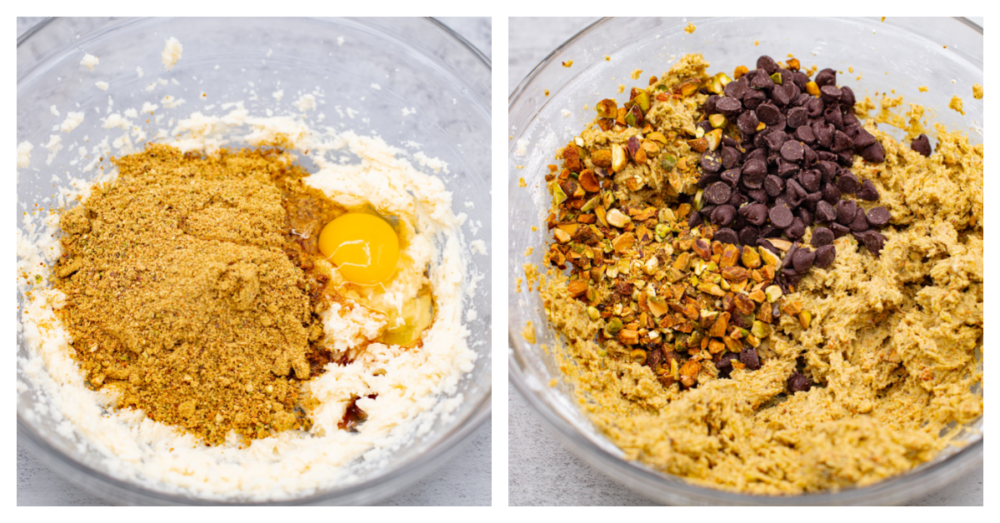 2-photo collage of cookie dough being prepared.