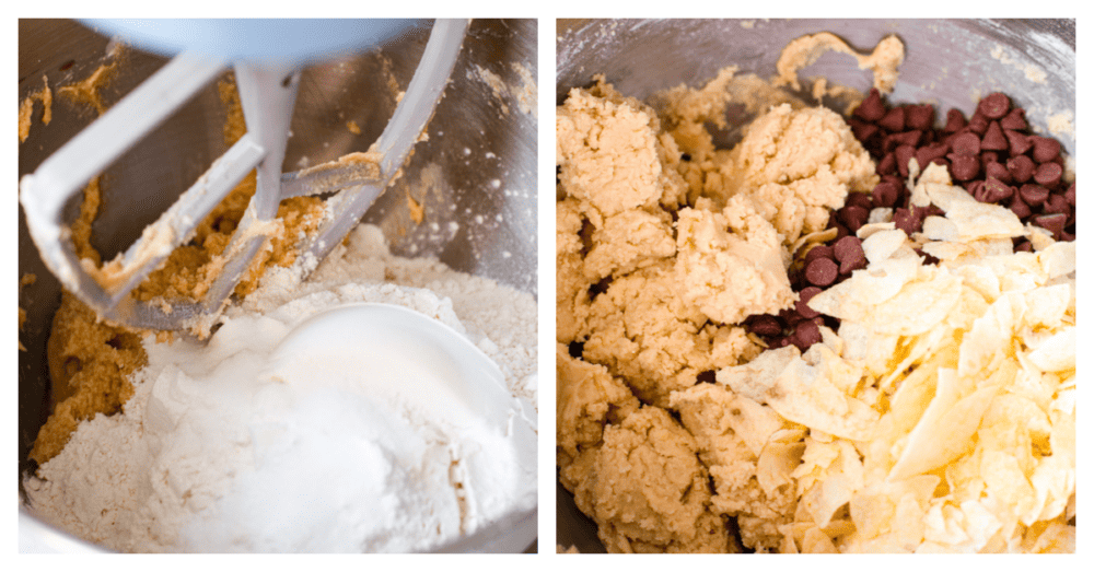 First process photo of dry ingredients added to the stand mixer. Second photo of potato chip cookie dough in the stand mixer with chocolate chips and potato chips being added.