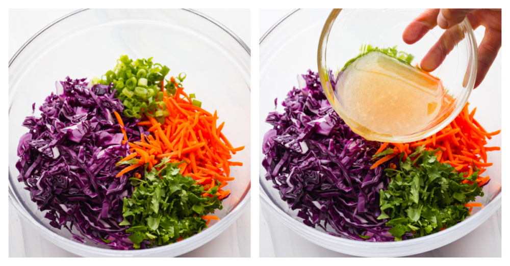 2-photo collage of dressing being poured over vegetables.