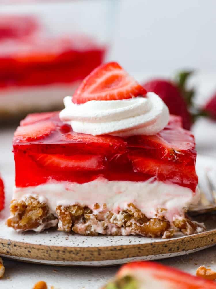 Closeup of strawberry pretzel salad.