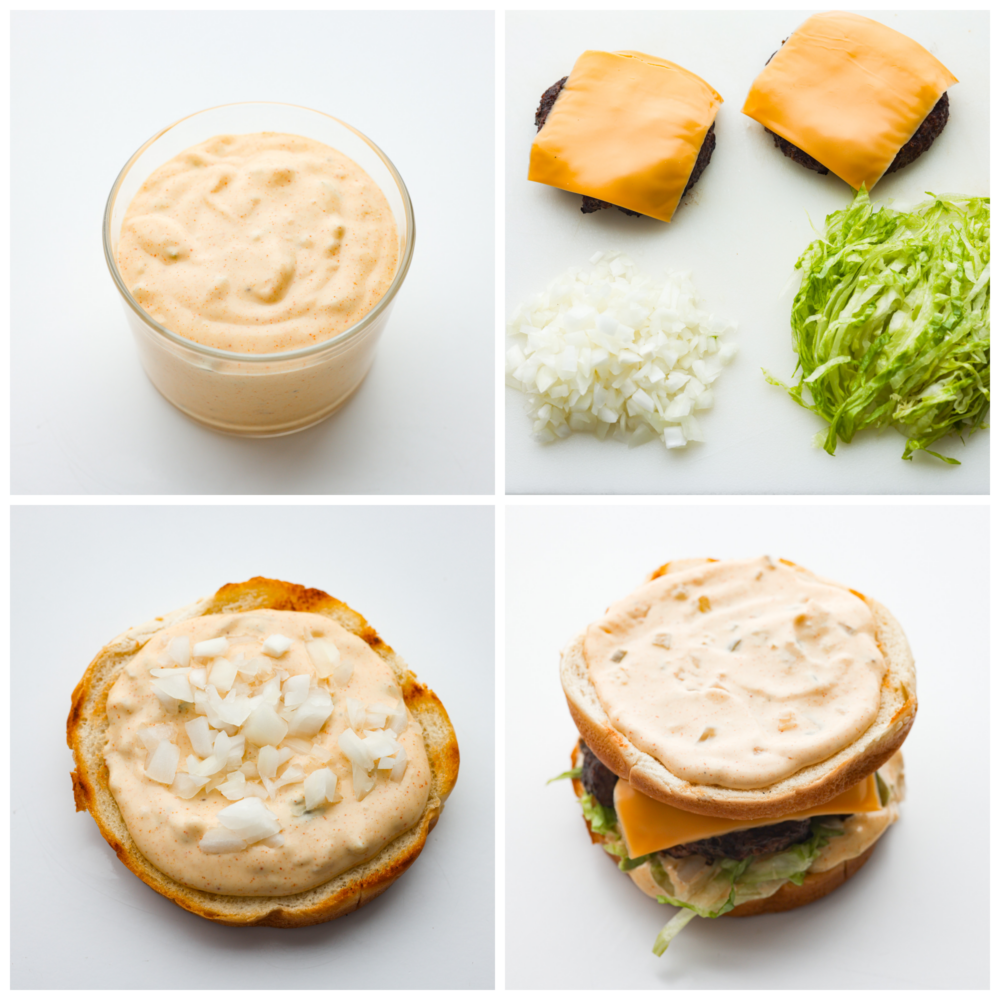 4-photo collage of a burger being assembled.