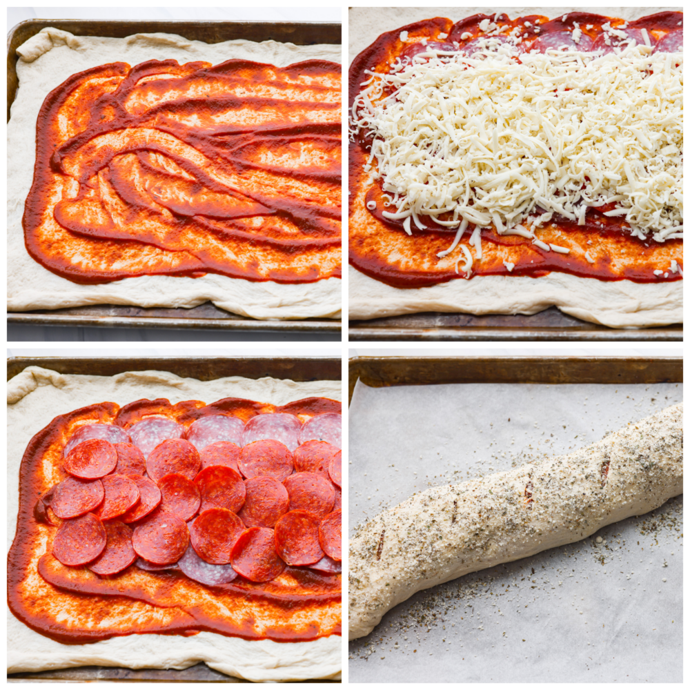 4-photo collage of stromboli being prepared.